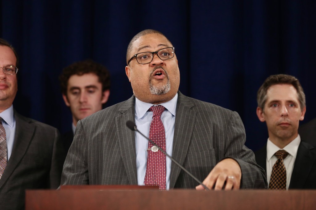 Manhattan District Attorney Alvin Bragg Jr. speaking at a press conference following the conviction of former President Donald Trump