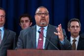 Manhattan District Attorney Alvin Bragg stands with members of his staff at a news conference following the conviction of former U.S. President Donald Trump in his hush money trial.