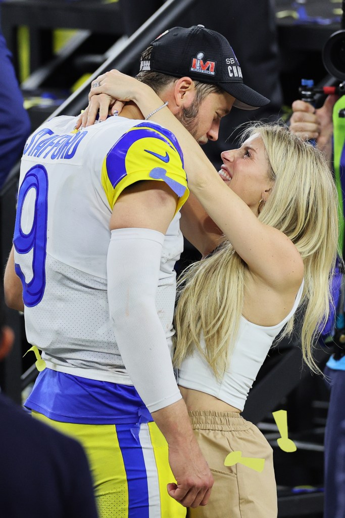 Matthew and Kelly Stafford celebrating after the 2022 Super Bowl.