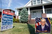 Home for sale sign and Fed Chair Jerome Powell