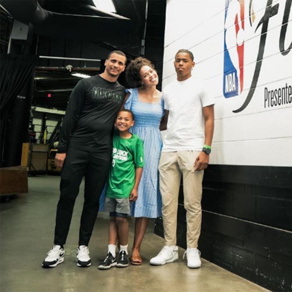 Joe Mazzulla and his wife Camai Mazzulla with their two sons during the 2024 NBA Finals. 