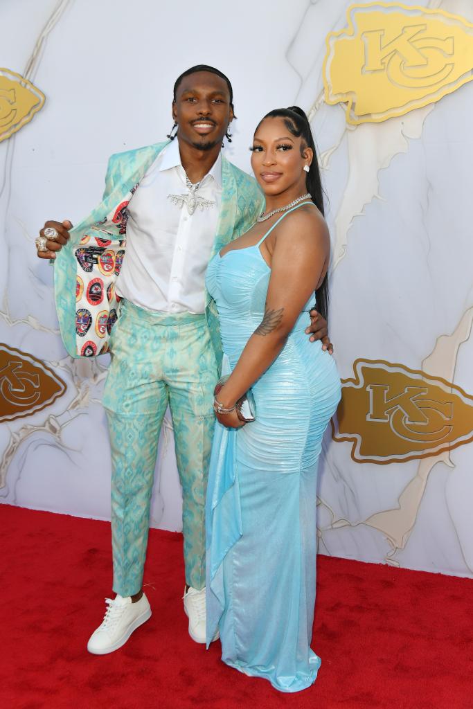 Mecole Hardman and arrive on the Red Carpet prior to the Kansas City Chiefs Super Bowl Ring Ceremony at Nelson-Atkins Museum of Art on June 13, 2024 in Kansas City, Missouri.   