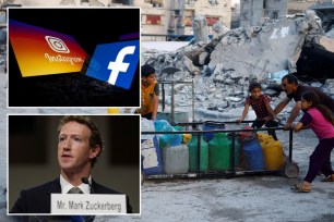 War-torn Gaza and Mark Zuckerberg, Facebook, Intstagram logos 