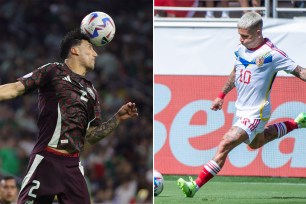 A collage of a football player and a football ball related to a Mexico versus Venezuela game