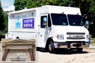 The City of Racine Clerk's Office mobile voting van is seen on July 26, 2022, at the Dr. Martin Luther King Community Center in Racine, Wisconsin