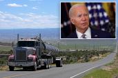 A tanker truck transports crude oil on a highway near Duchesne, Utah on July 13, 2023