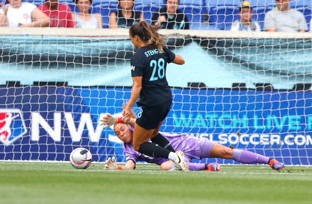 Gotham FC forward Katie Stengel (28) misses a shot a goal against Washington Spirit goalkeeper Aubrey Kingsbury (1) during the first half of a soccer game, Sunday June 23, 2024.