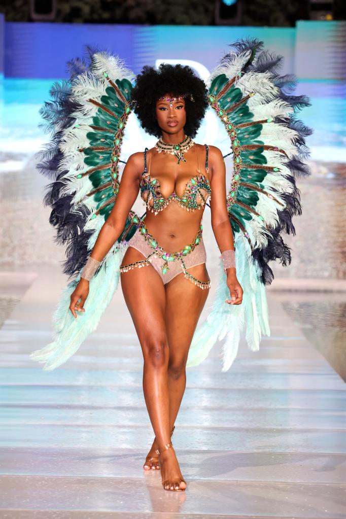 A model walking the runway for Ashi B Fashions at Miami Swim Week on June 02, 2024 in Miami Beach, Florida
