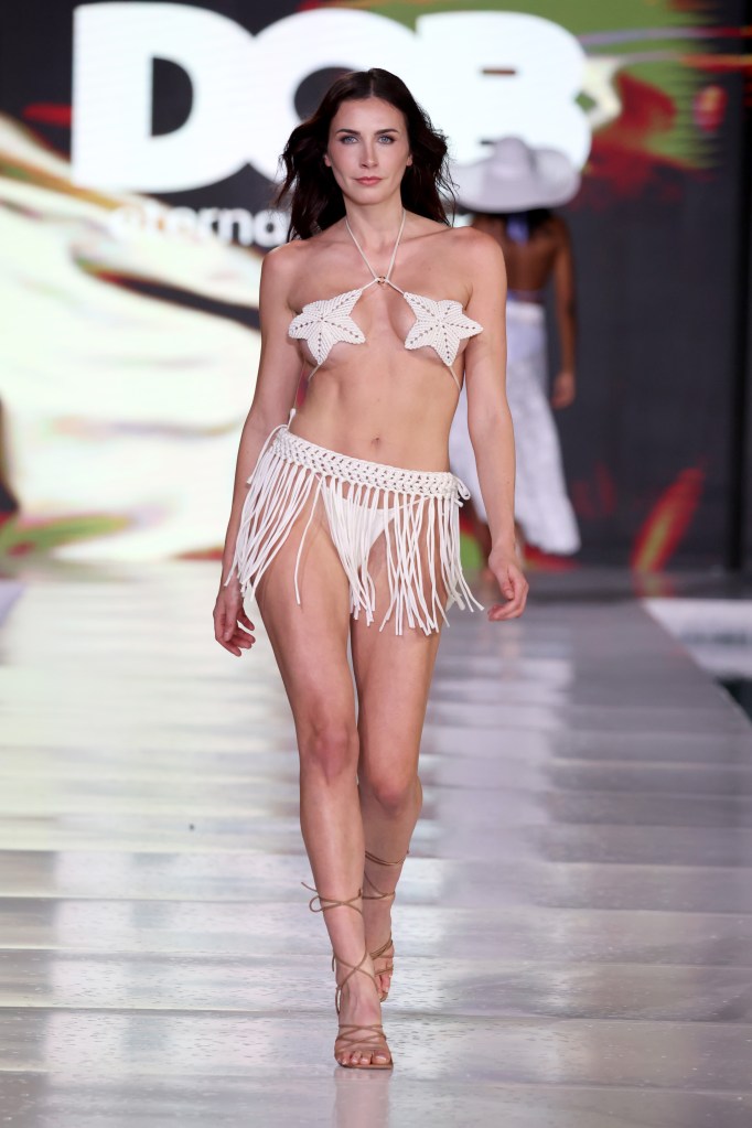 A model walking the runway for DOB at Miami Swim Week on May 31, 2024, at SLS South Beach in Miami Beach, Florida.