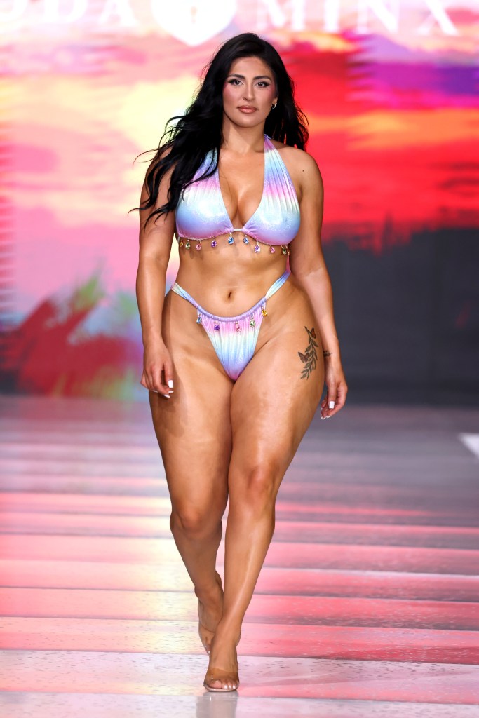 A model walking the runway for Moda Minx at Miami Swim Week, held at SLS South Beach on May 31, 2024