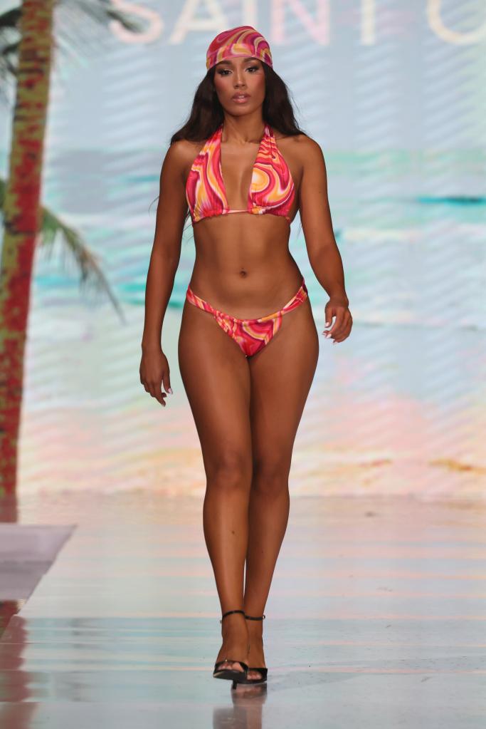A model walking the runway for SAINT CLAIR at Miami Swim Week 2024 at SLS South Beach