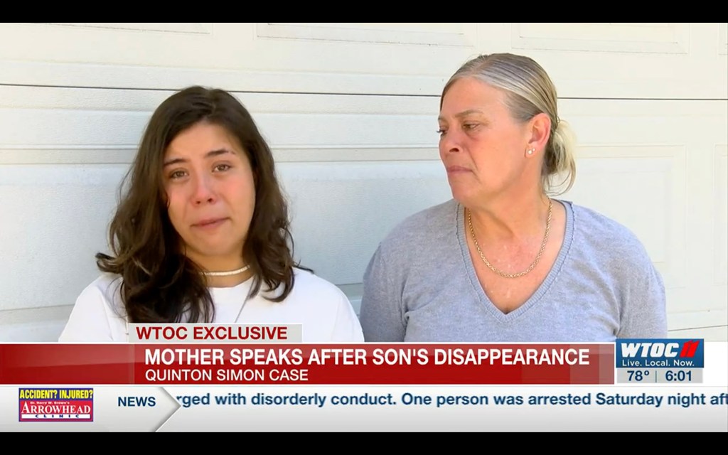 Leilani Simon appears on television news about the disappearance of her son before his body was found. She looks upset as she speaks about the case.