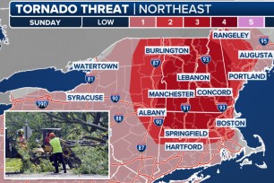 A map of the United States highlighting the area of New England, indicating a high tornado threat