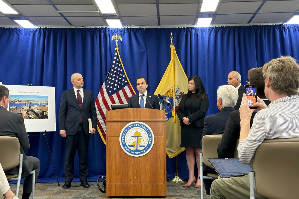 New Jersey Attorney General Matt Platkin announcing racketeering charges against George Norcross at a press conference in Trenton, N.J.