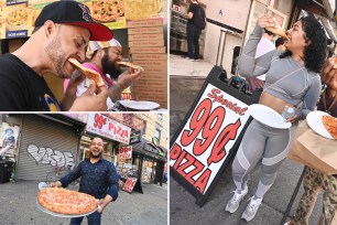 Three pictures showing people eating pizza in the East Village.