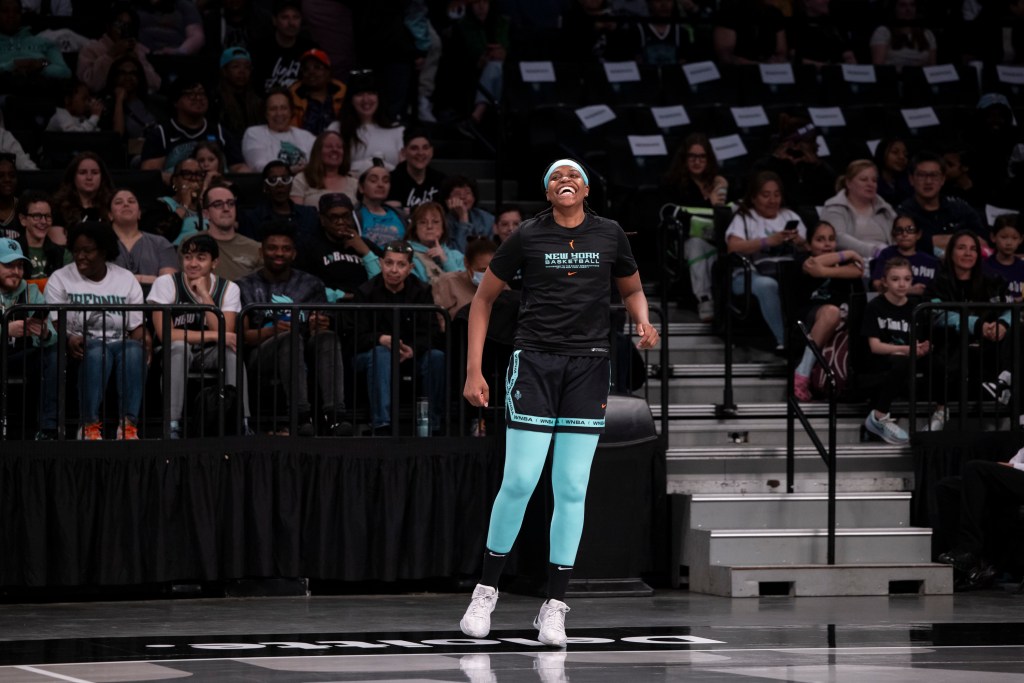 Jonquel Jones #35 of the New York Liberty as they host an open practice and media day ahead of their 2024 season at Barclays Center.