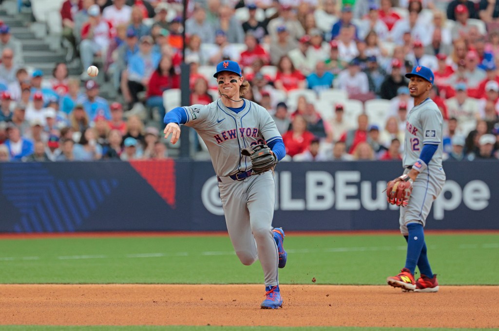 Brett Baty throws out Alec Bohm #28 of the Philadelphia Phillies for the first out in the fourth inning.