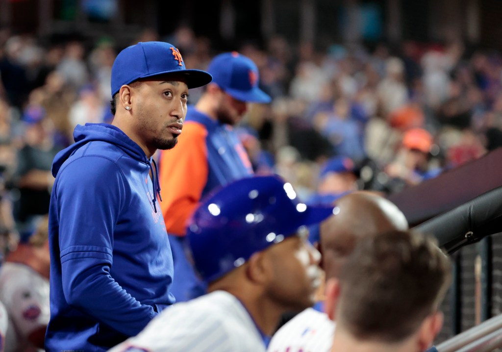 Mets closer Edwin Diaz is seen in the New York Mets dugout in the seventh inning against the Miami Marlins