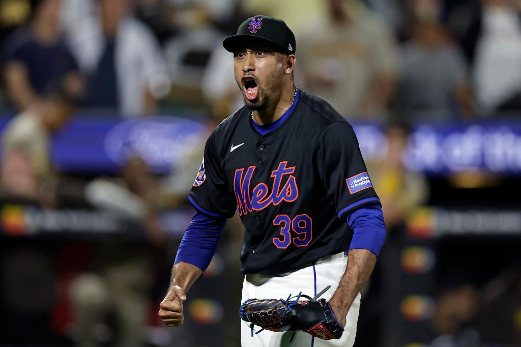 New York Mets' Edwin Diaz reacting after the final out during a baseball game against the San Diego Padres