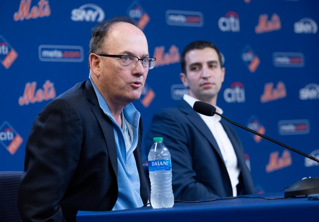 Steve Cohen and David Stearns, the new President of Baseball Operations, during an introductory press conference at Citi Field.
