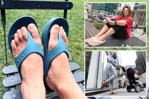 Feet with flip flops on chair at left. Woman posing with flip flops at top right. At bottom right woman posing with flip flops.