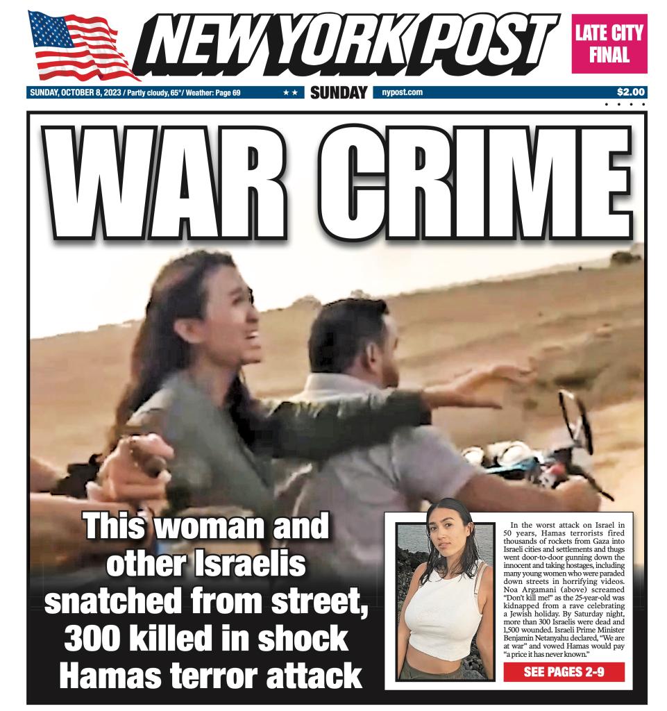 New York Post front cover for Oct. 8, 2023 "WAR CRIME" featured a photo of Argamani's abduction by Hamas terrorist.