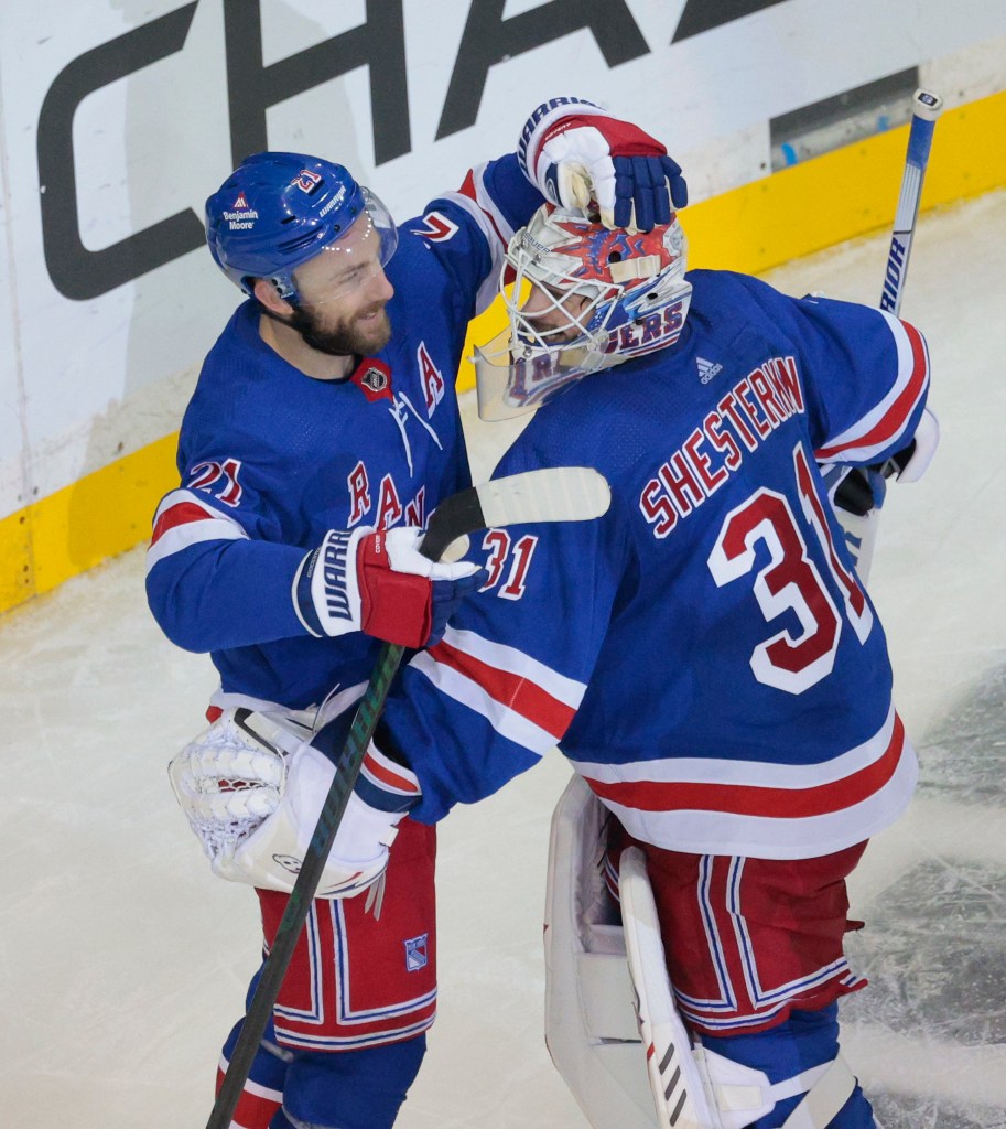 Barclay Goodrow celebrates with New York Rangers goaltender Igor Shesterkin during the playoffs.