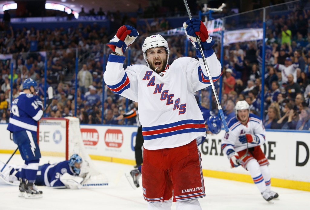 Derick Brassard celebrates after scoring one of his three goals during the Rangers' Game 6 Eastern Conference Final win over the Lightning in 2015.