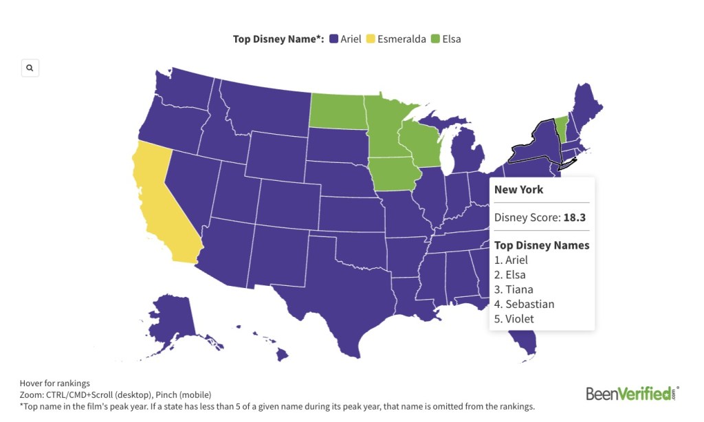 New York in the Top 10 states with baby names influenced by Disney movies.