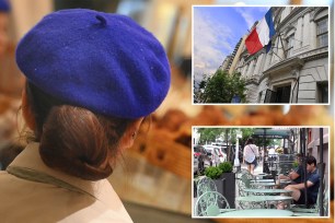 The back of a woman's head with a blue beret at left, the French flag on a building at top right, and outdoor seating at bottom right.