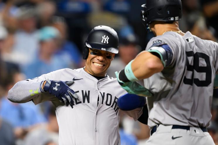Juan Soto and Aaron Judge of the New York Yankees celebrating a two-run home run against the Kansas City Royals during a baseball game