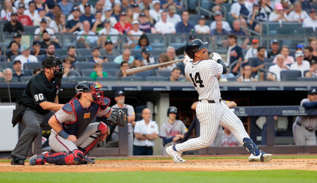 New York Yankees outfielder Jahmai Jones #14, hitting a triple in the 2nd inning.