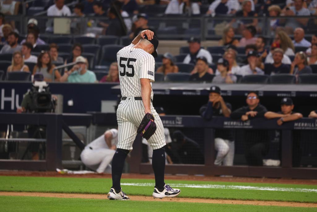 Yankees pitcher Carlos Rodón (55)  is pulled in the fourth inning when the New York Yankees played the Atlanta Braves Friday, June 21, 2024 at Yankee Stadium in the Bronx, NY.