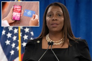 A picture of state New York Attorney General Letitia James at a podium with an American flag behind her. Inset: a hand holding a credit card with the other hand holding a phone that says, "Romance Scam" in pink and red.