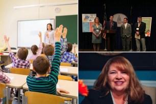 A collage of people raising their hands at a school board meeting