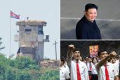composite image of north korean rally, kim jong un, and guard post