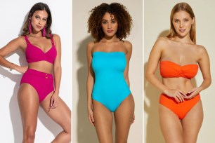 A collage of women wearing supportive and chic bikinis and one-pieces suitable for voluptuous figures