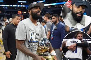 Kyrie Irving after winning the Western Conference Finals with the Dallas Mavericks; Irving at a Nets press conference; Irving is hugged by Mark Cuban