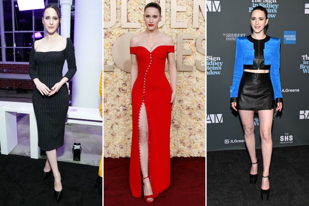 A collage of actress Rachel Brosnahan in various dresses