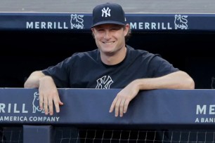 Gerrit Cole, who will be making his Yankees' season debut on Wednesday, is all smiles during the Bombers' 4-2 win over the Orioles on Tuesday night at the Stadium.