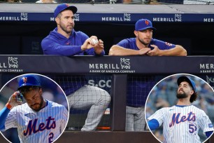 Justin Verlander and Max Scherzer stand in the Mets dugout; insets: Omar Narvaez, Jorge Lopez