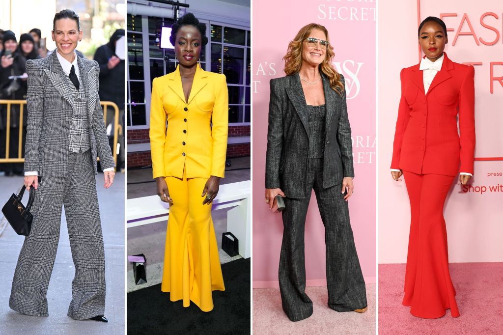 Collage of actresses Hilary Swank, Danai Gurira, Brooke Shields, and singer Janelle Monáe in fashionable outfits at various events.