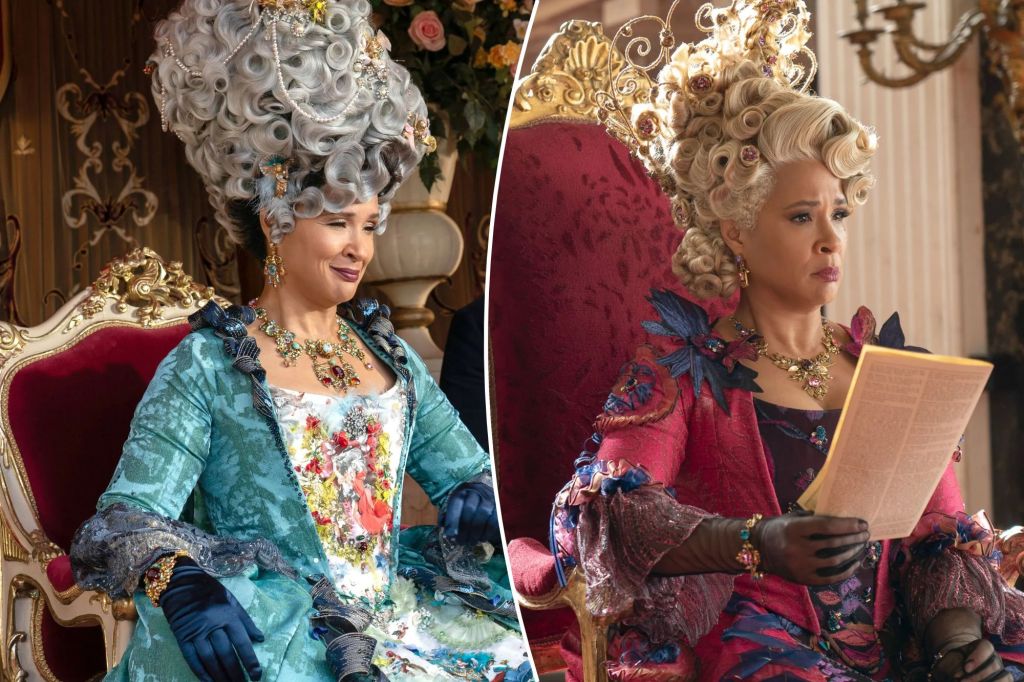 Queen Charlotte in two images from Bridgerton season 3