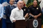 Homeland Security Secretary Alejandro Mayorkas speaking at a news conference in Tucson on June 26, 2024.
