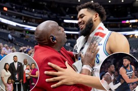 Karl-Anthony Towns embraces his father during the 2024 NBA playoffs; the Towns family; Towns against the Knicks' Julius Randle