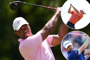 Collage of golfers Tiger Woods, Adam Scott, and Rory McIlroy swinging golf clubs