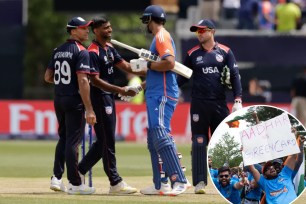 The United States' Saurabh Nethralvakar (left) greets India's Shivam Dube after its loss in the ICC Men's T20 World Cup at the Nassau County International Cricket Stadium in Westbury, N.Y., which drew many enthusiastic fans (inset).