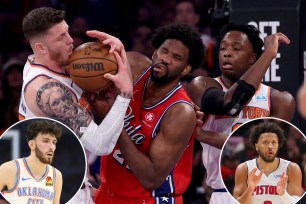 The Knicks' Isaiah Hartenstein and OG Anunoby wrestle with Joel Embiid for the ball; insets: the Thunder's Chet Holmgren, the Pistons' Cade Cunningham