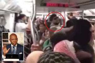 masked protester on NYC subway, eric adams inset