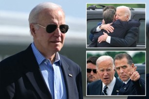 Joe Biden in a suit and sunglasses, top right inset he is hugging Hunter, bottom right inset he is pointing with Hunter